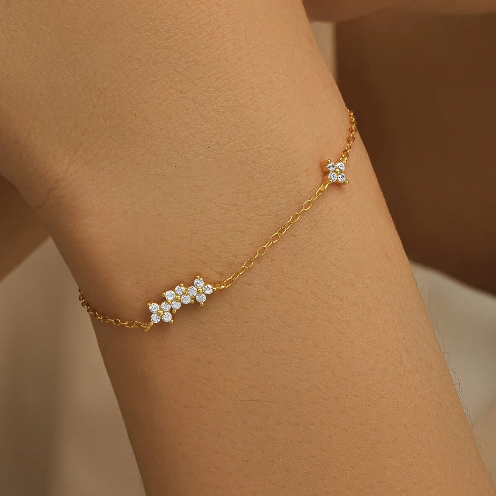CANNER Real S925 Sterling Silver Mini Zircon Flower Pendant Bracelet Chain for Women's Fine Jewelry Gifts Gold Bracelets Bangles