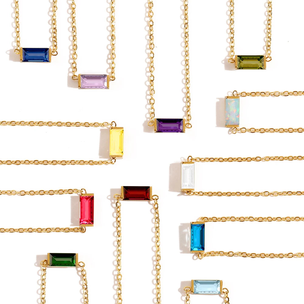 eManco Minimalist Rectangle 12 Months Birthstone Necklace Stainless Steel Gold Color O-chain for Office Chic & Daily Elegance