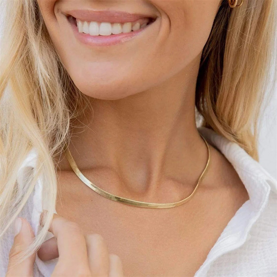 LUXUKISSKIDS Hot Classic Unisex Flat Snake Chain Choker Necklace 1pcs Women/Men Stainless Steel Solid Golden Rope Chains Collier