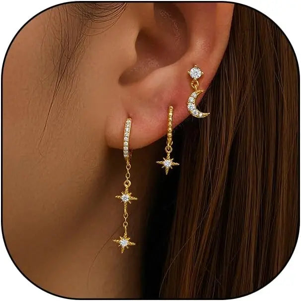 3/6Pcs Earrings Set for Women Girls 14K Gold Silver Plated Moon Star Parkling CZ Multiple Piercing Dainty Stud Hoop Earrings
