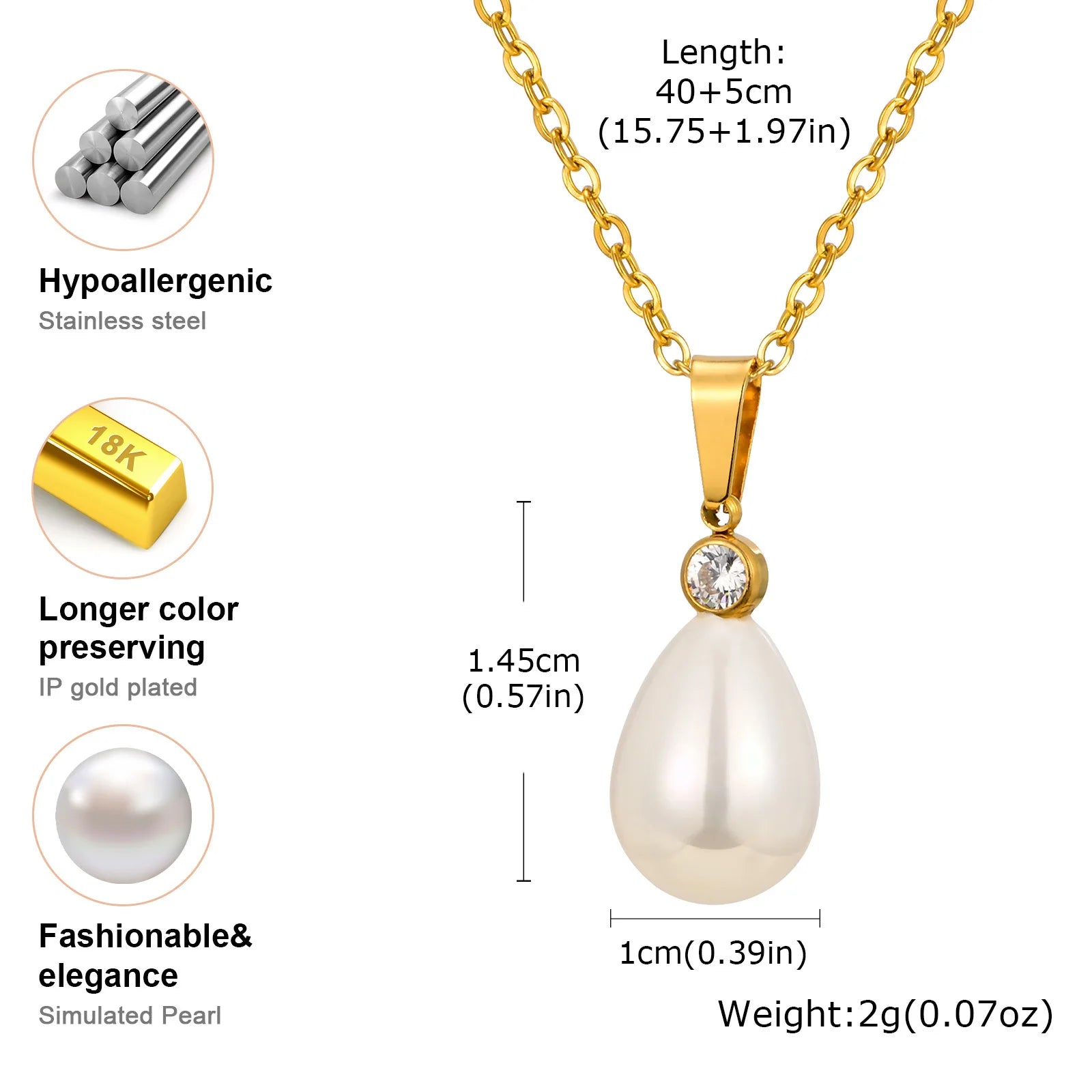 Vnox Fashion Water Droplet Pearl Pendent Necklace For Women,Stainless Steel Chain Teardrop Neck Ear Jewelry Set Party Wedding
