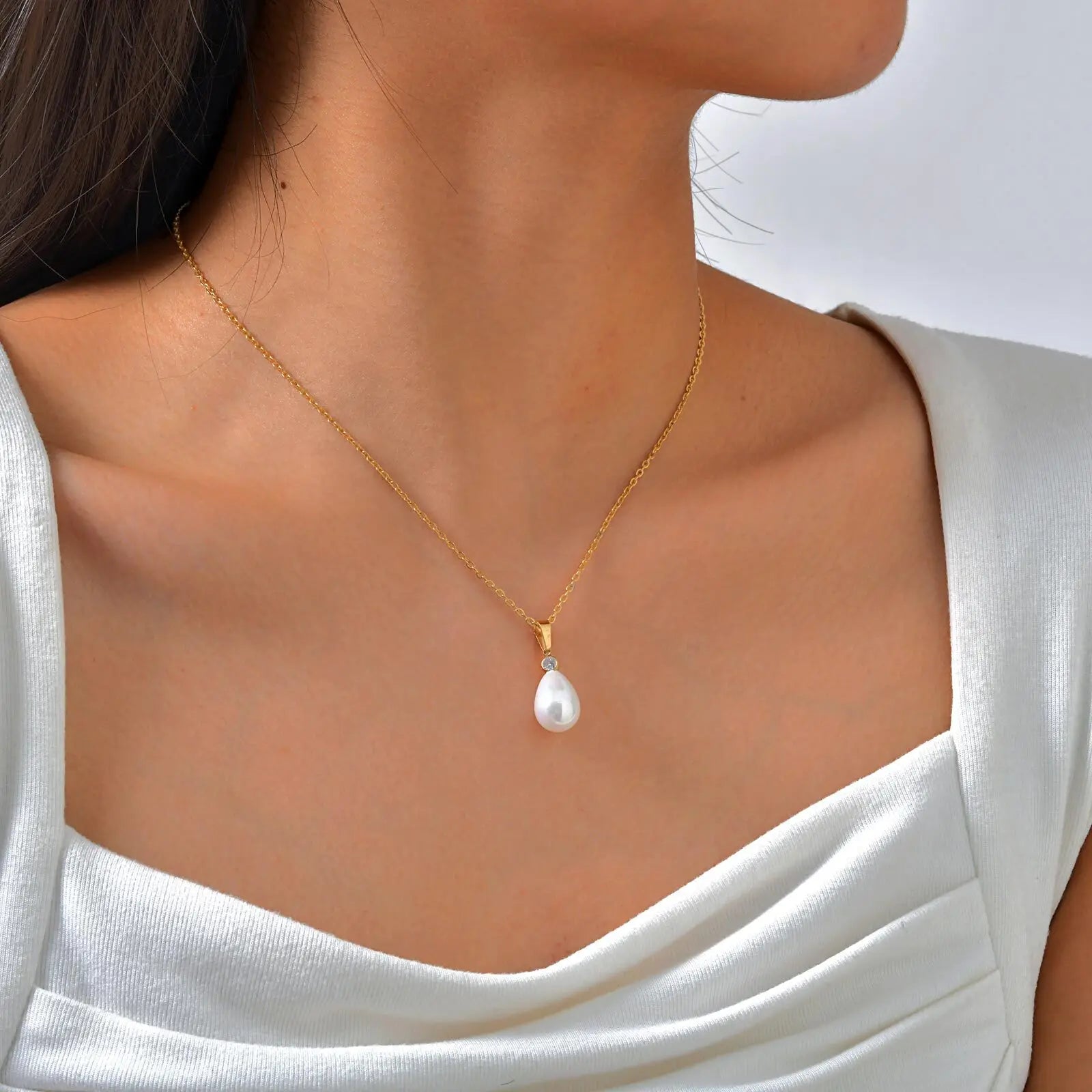 Vnox Fashion Water Droplet Pearl Pendent Necklace For Women,Stainless Steel Chain Teardrop Neck Ear Jewelry Set Party Wedding