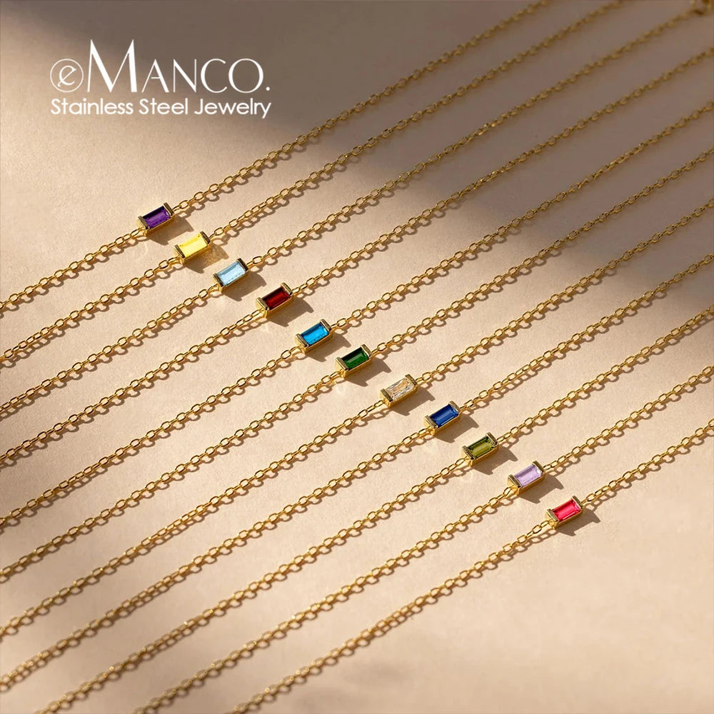 eManco Minimalist Rectangle 12 Months Birthstone Necklace Stainless Steel Gold Color O-chain for Office Chic & Daily Elegance