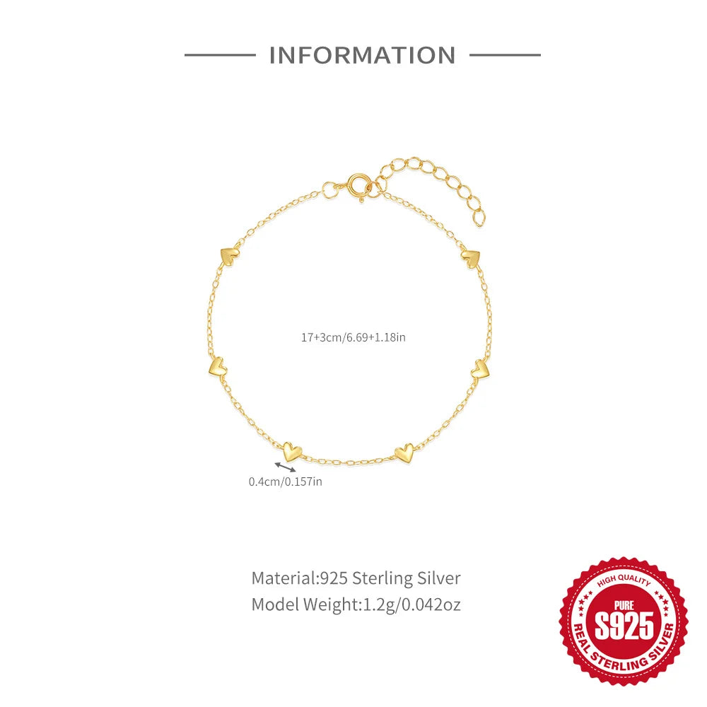 CANNER New S925 Sterling Silver Mini Gold Love Heart Charm Bracelet Chain For Women Luxury Jewelry Gifts Pulsera Bangles браслет