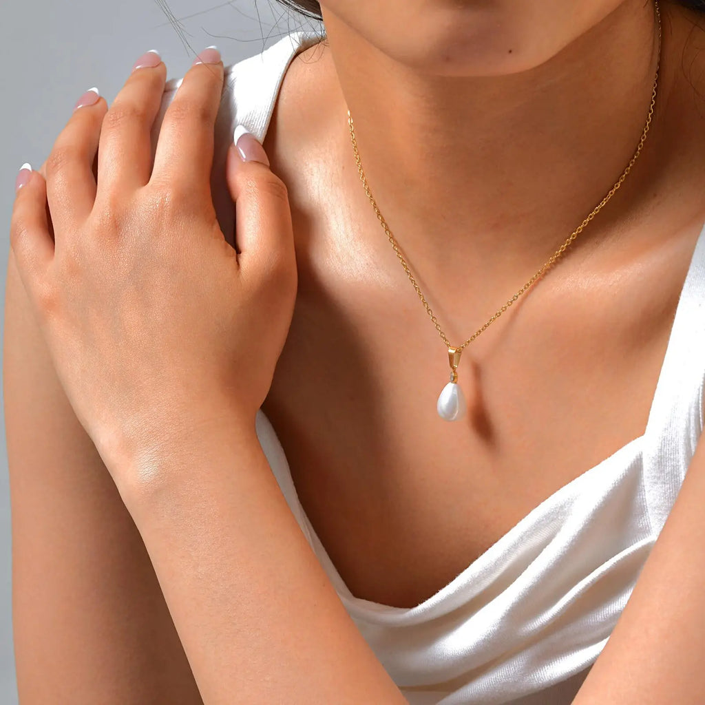Vnox Fashion Water Droplet Pearl Pendent Necklace For Women,Stainless Steel Chain Teardrop Neck Ear Jewelry Set Party Wedding
