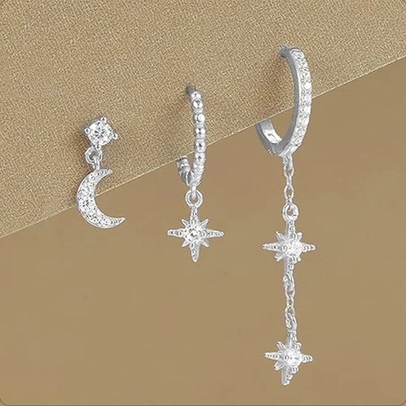 3/6Pcs Earrings Set for Women Girls 14K Gold Silver Plated Moon Star Parkling CZ Multiple Piercing Dainty Stud Hoop Earrings