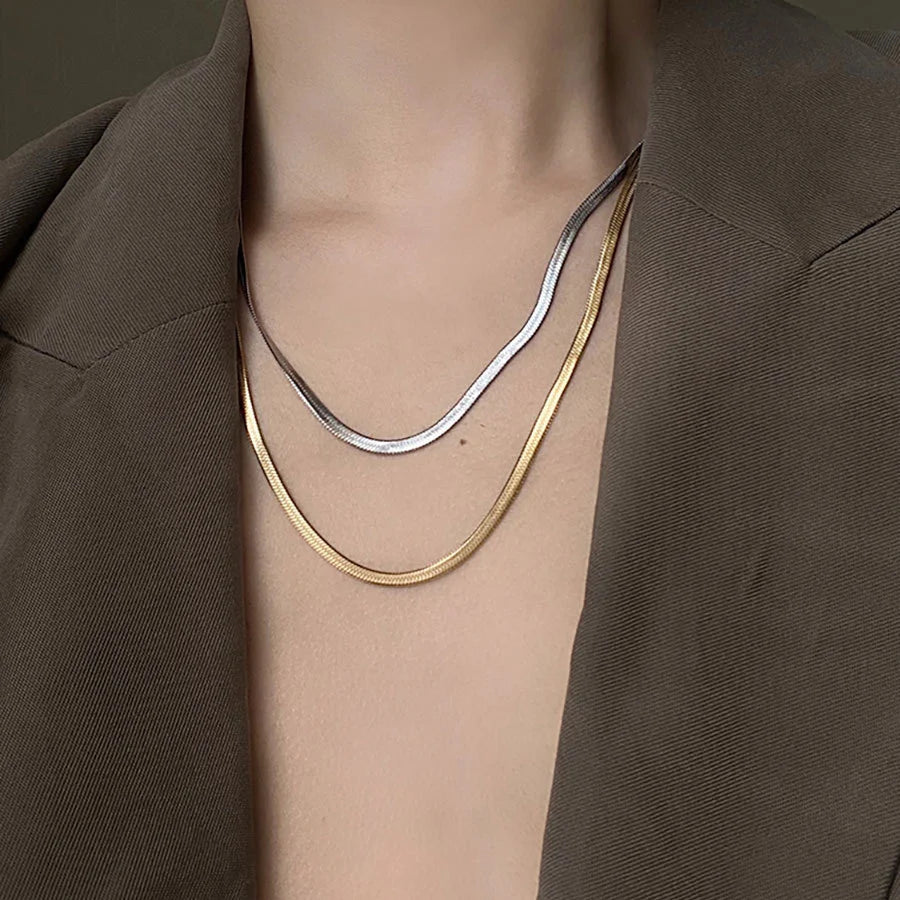 LUXUKISSKIDS Hot Classic Unisex Flat Snake Chain Choker Necklace 1pcs Women/Men Stainless Steel Solid Golden Rope Chains Collier