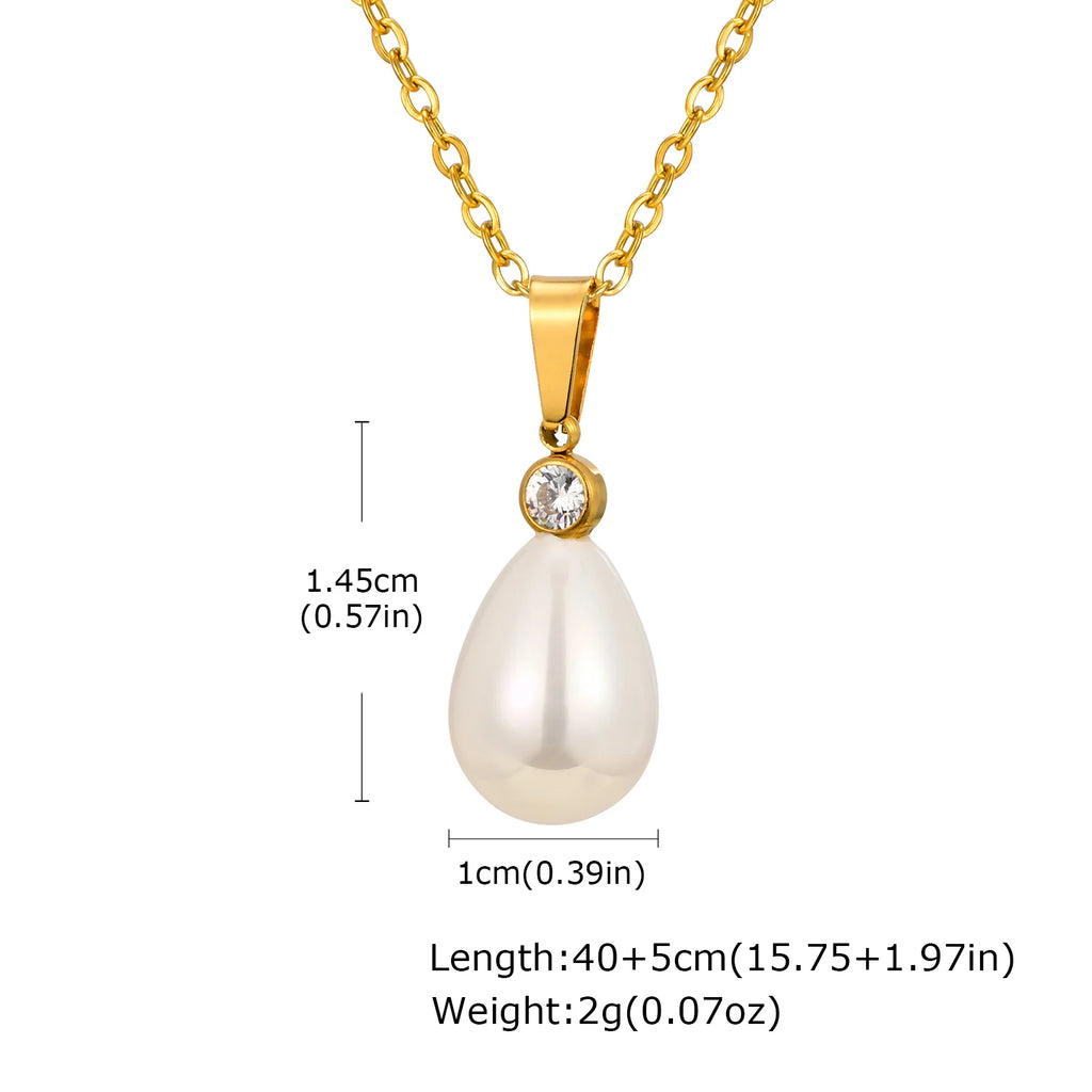 Vnox Fashion Water Droplet Pearl Pendent Necklace For Women,Stainless Steel Chain Teardrop Neck Ear Jewelry Set Party Wedding