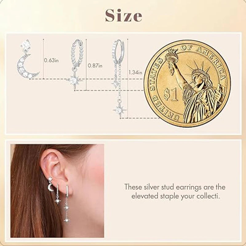 3/6Pcs Earrings Set for Women Girls 14K Gold Silver Plated Moon Star Parkling CZ Multiple Piercing Dainty Stud Hoop Earrings