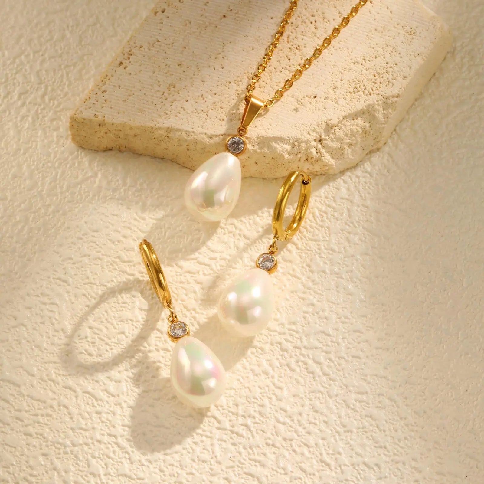 Vnox Fashion Water Droplet Pearl Pendent Necklace For Women,Stainless Steel Chain Teardrop Neck Ear Jewelry Set Party Wedding
