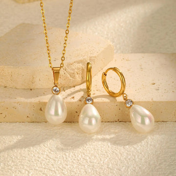 Vnox Fashion Water Droplet Pearl Pendent Necklace For Women,Stainless Steel Chain Teardrop Neck Ear Jewelry Set Party Wedding